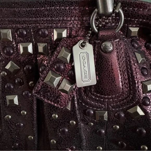 💜 ✨ COACH Kristen Satchel Metallic Purple Studded Handbag - Picture 5 of 10